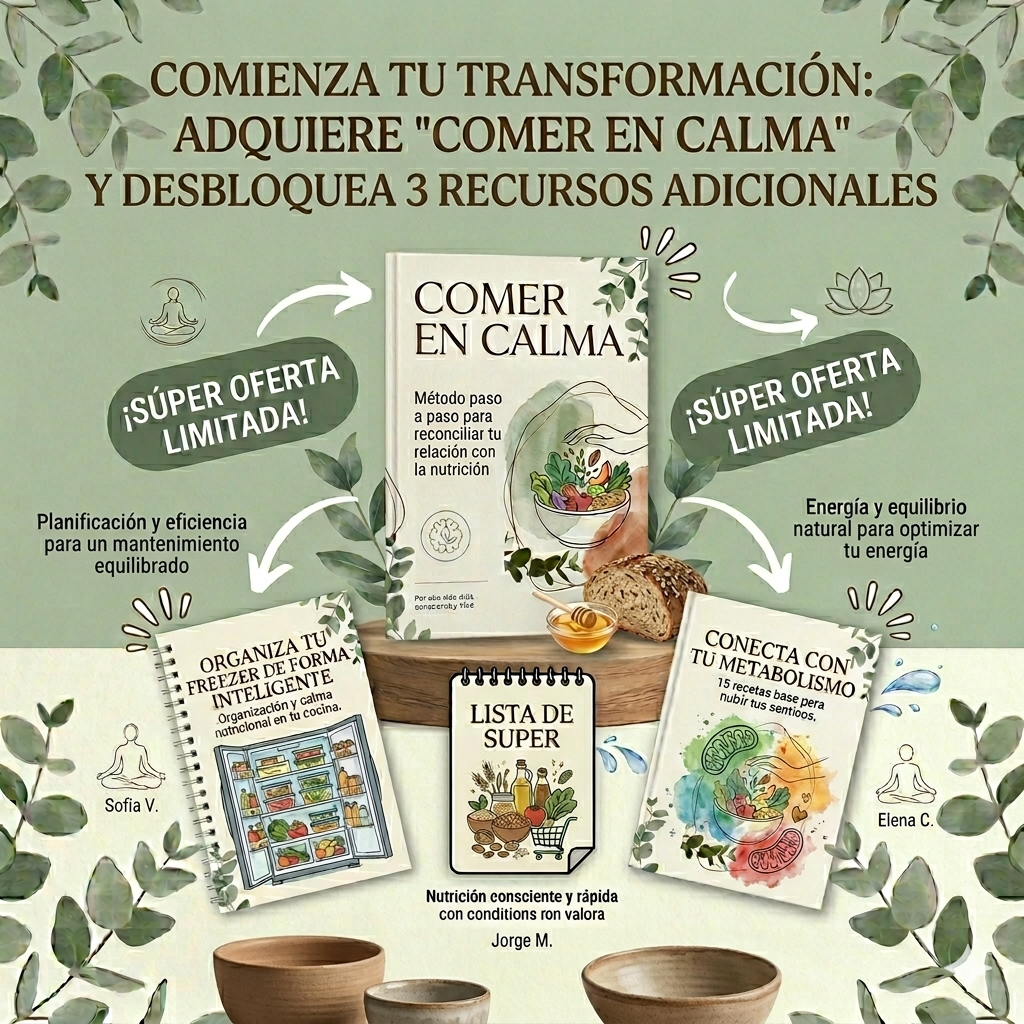 Método 'Comer en Calma' + Pack de 3 Bonos Exclusivos: Libérate de la culpa y disfruta de la comida sin ansiedad.