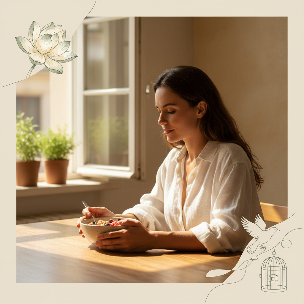 Mujer disfrutando una comida en calma, con luz natural y ambiente sereno